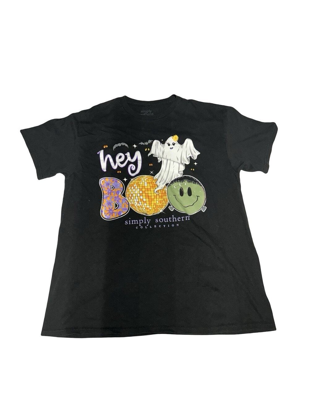 Simply Southern Hey Boo Ghost Halloween T Shirt Adult Large Black Graphic Tee